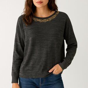 Ruby Rd Gray Metallic Knit Top Bronze Sequin Embellished Retro Vintage Blouse S